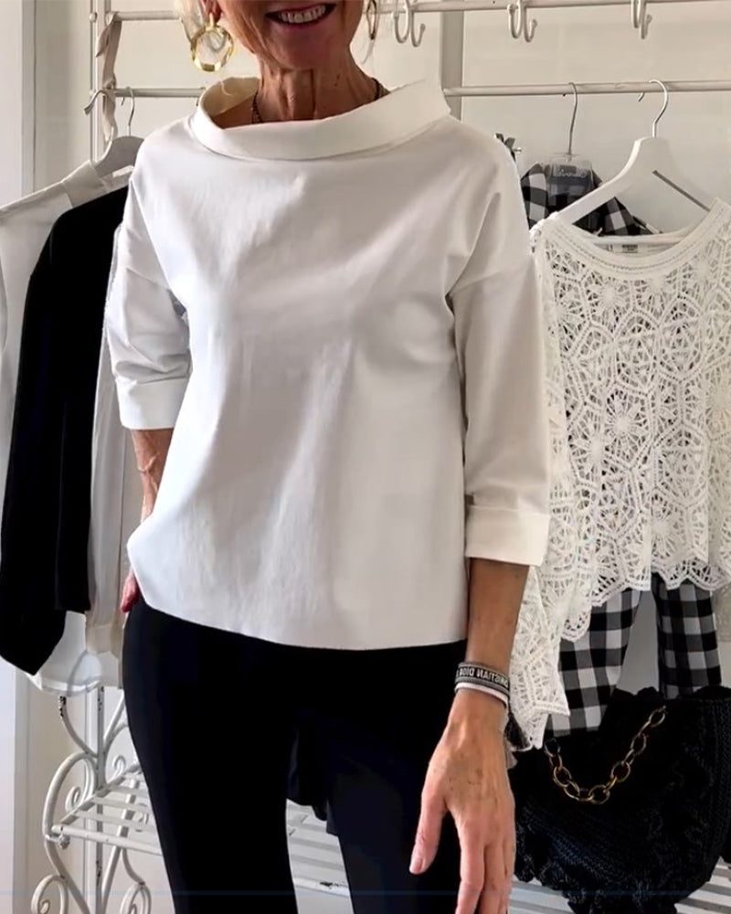 Roll Neck Top with Three-Quarter Sleeves for Women