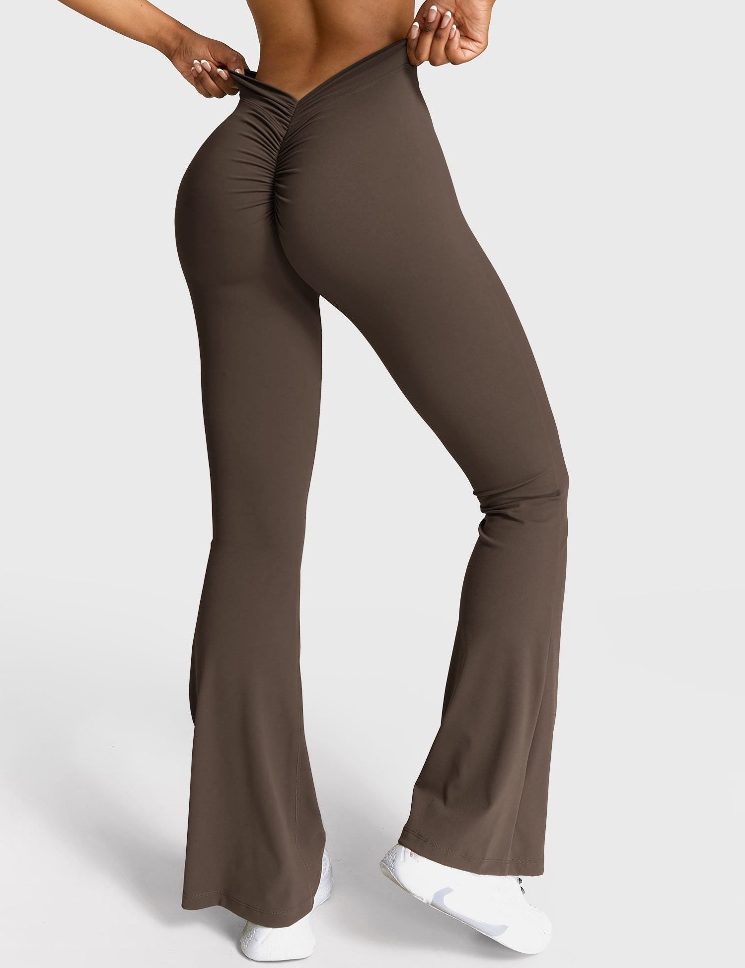Ruched Flared Leggings with V-Neck for Women