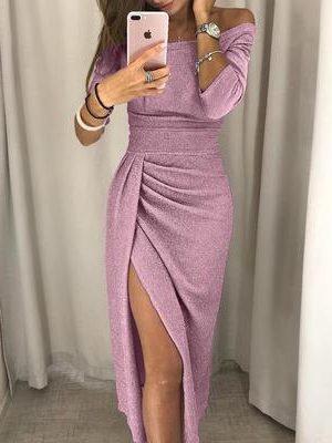 Ruched Midi Dress with Leg Split for Women