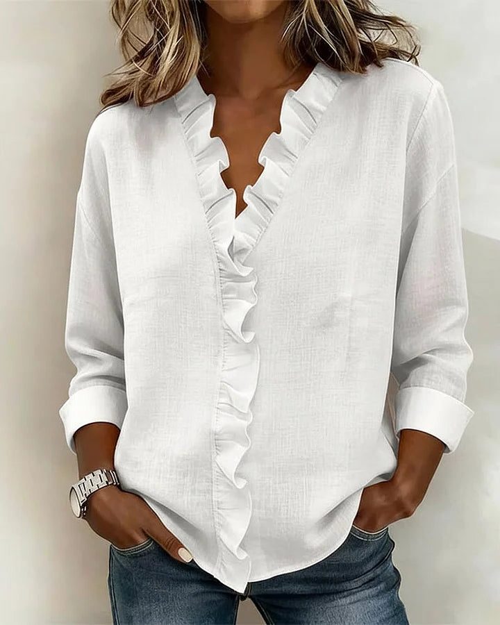 Ruffle Long Sleeve Blouse for Women - White