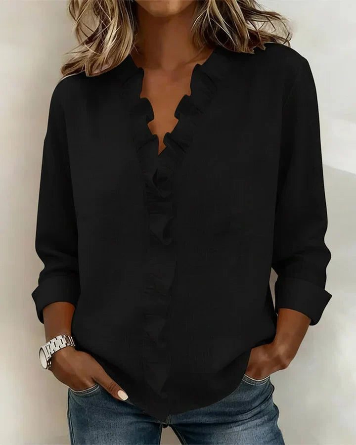 Ruffle Long Sleeve Blouse for Women - Black