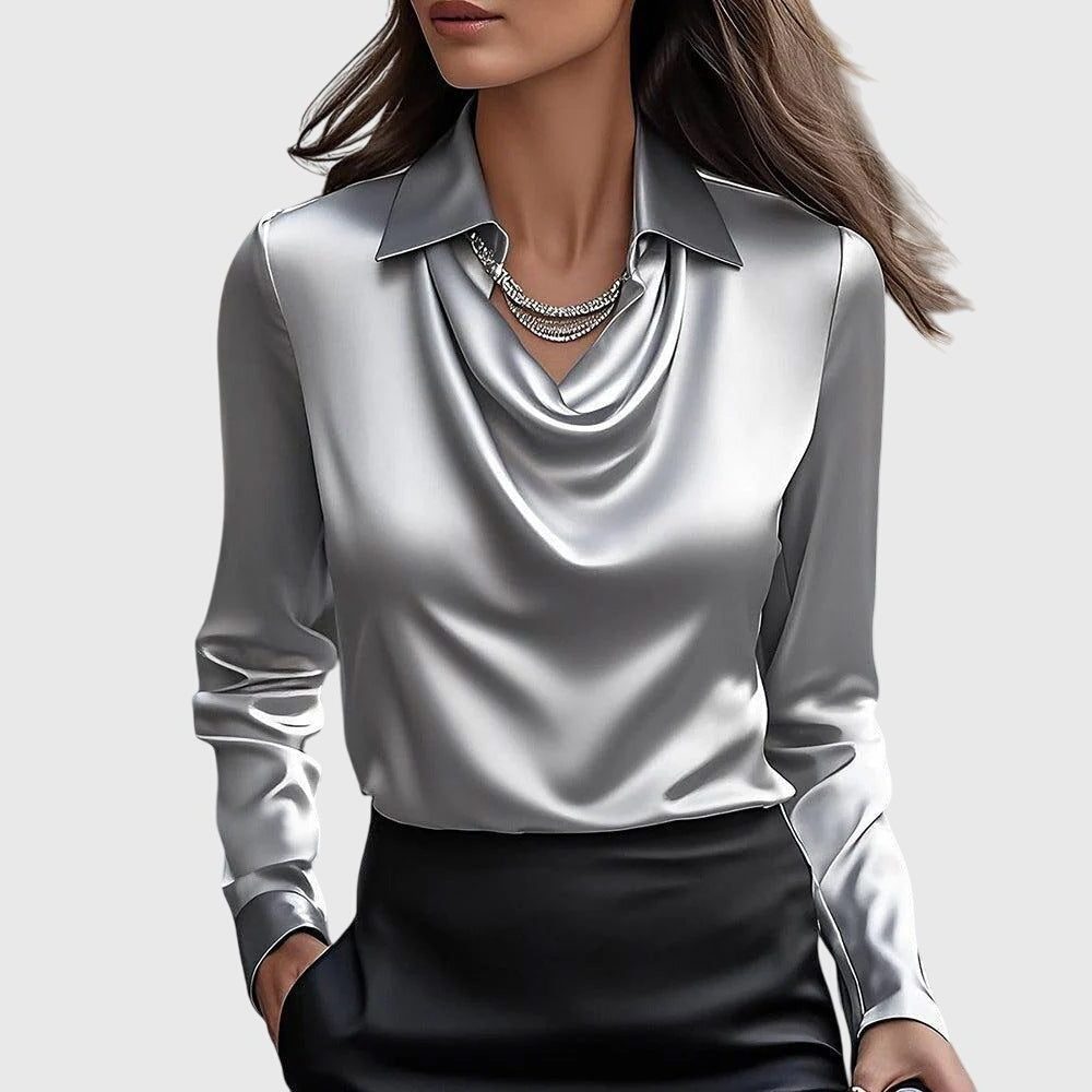 Satin Blouse with Cowl Neck Long Sleeve for Women - Silver