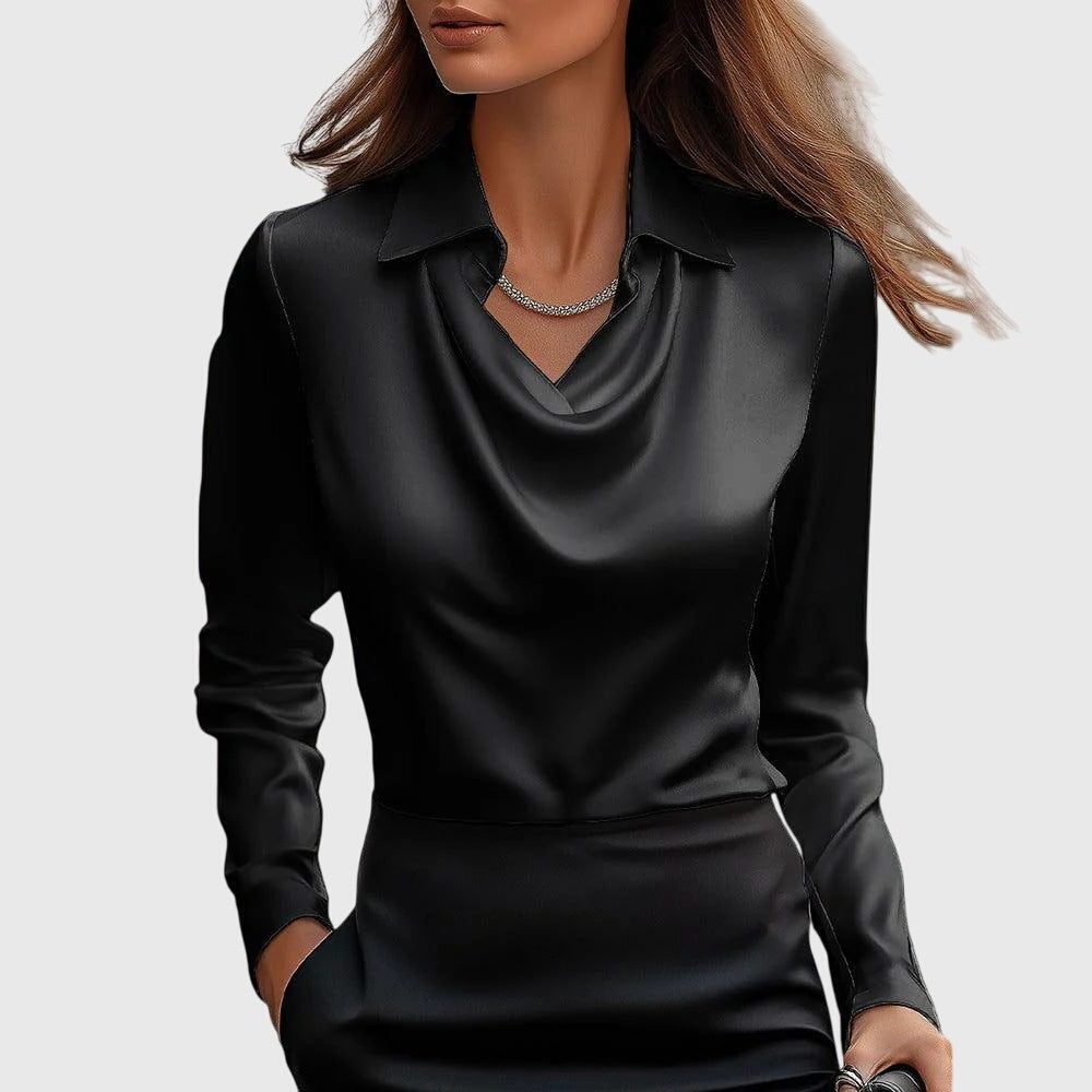 Satin Blouse with Cowl Neck Long Sleeve for Women - Black