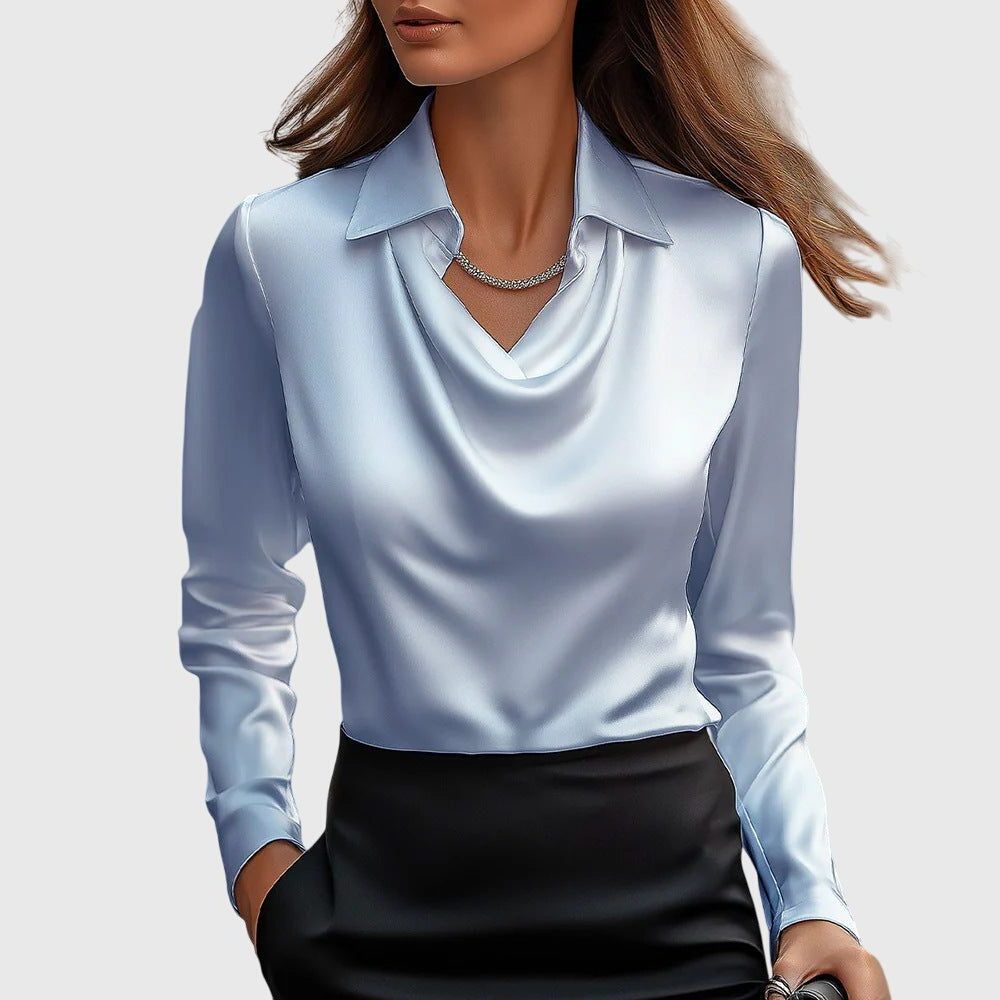 Satin Blouse with Cowl Neck Long Sleeve for Women - Light Blue