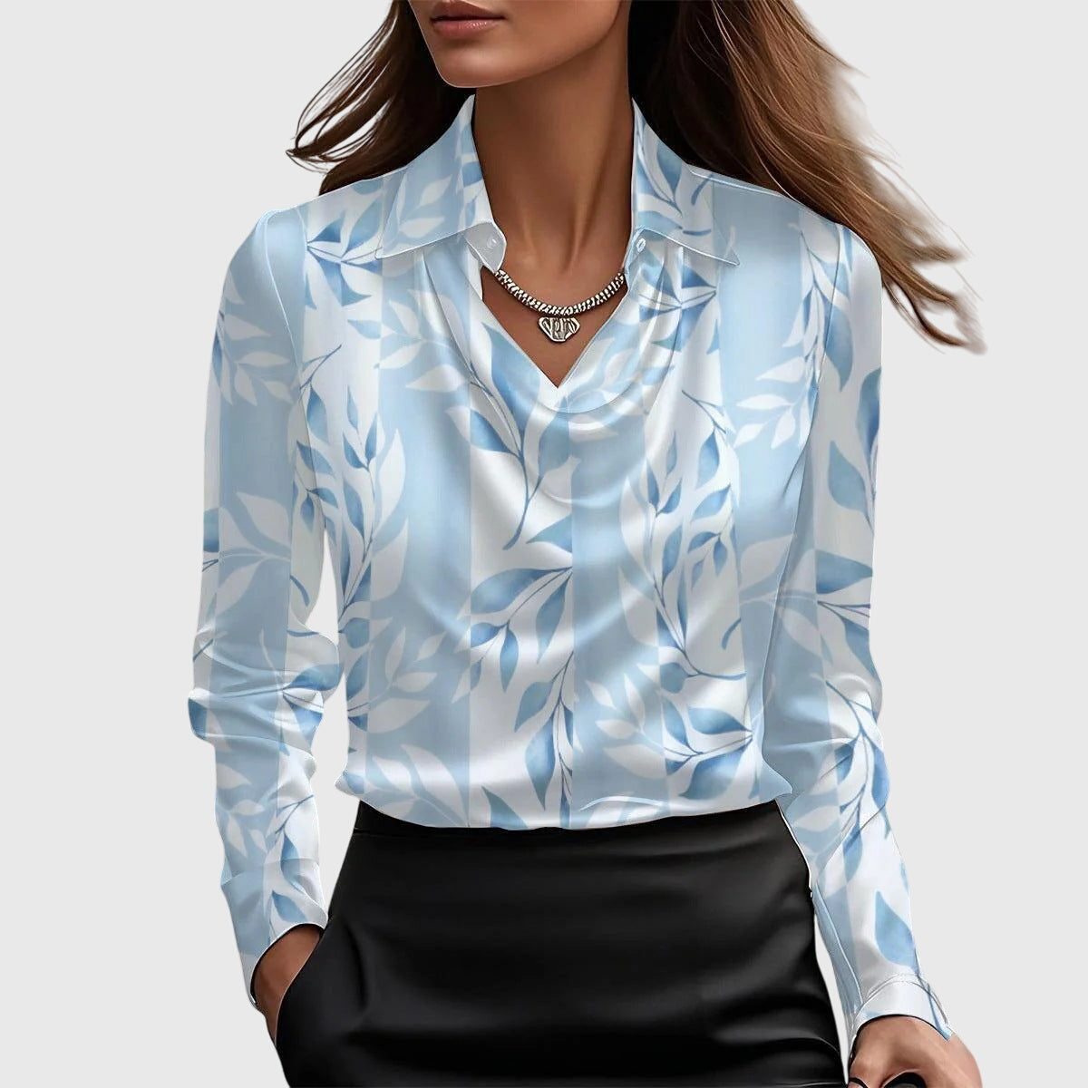 Satin Blouse with Cowl Neck Long Sleeve for Women - Light Blue Floral