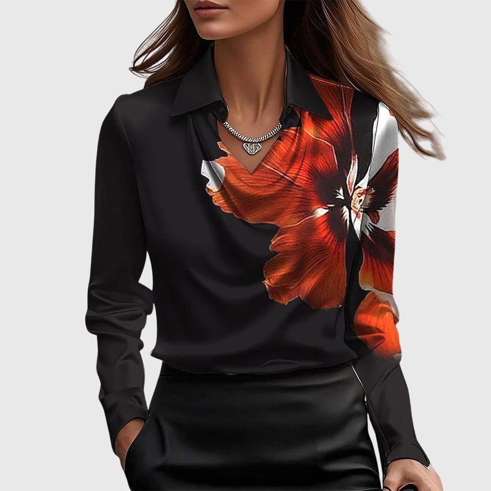 Satin Blouse with Cowl Neck Long Sleeve for Women - Black and Red