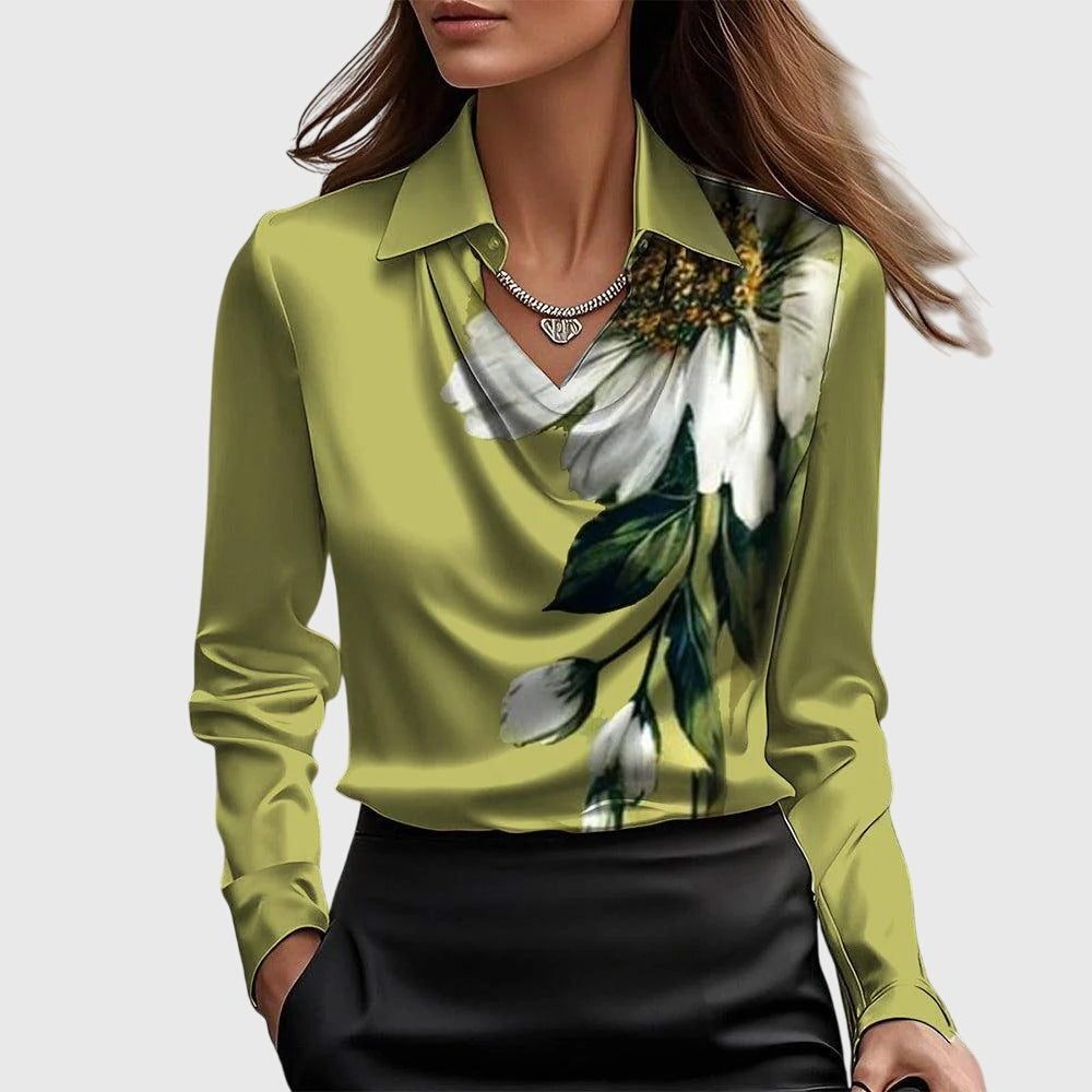 Satin Blouse with Cowl Neck Long Sleeve for Women - Green