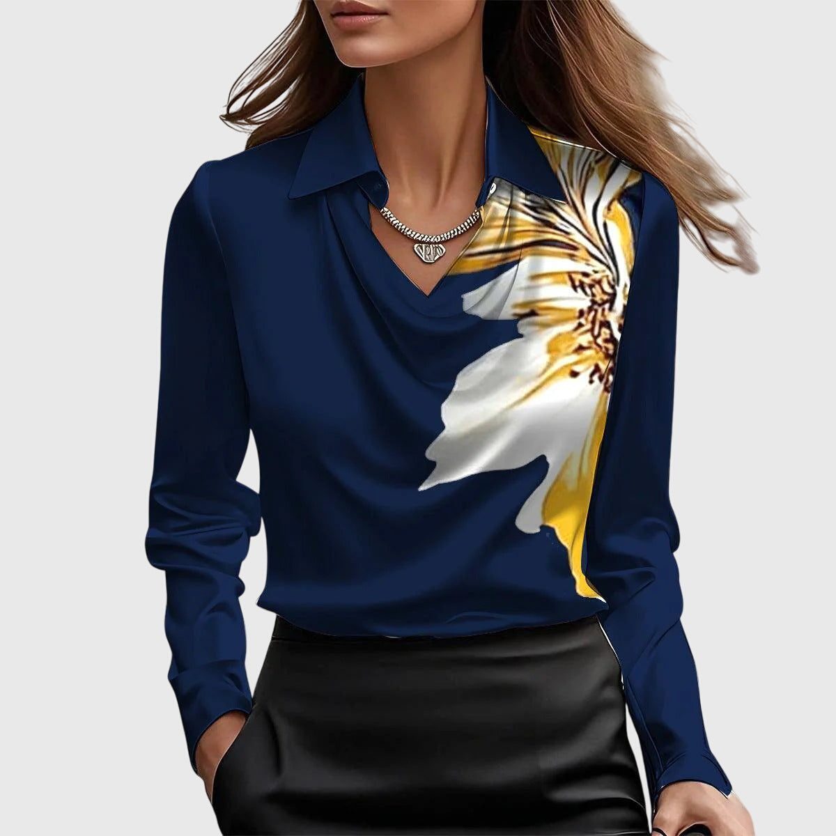 Satin Blouse with Cowl Neck Long Sleeve for Women - Navy