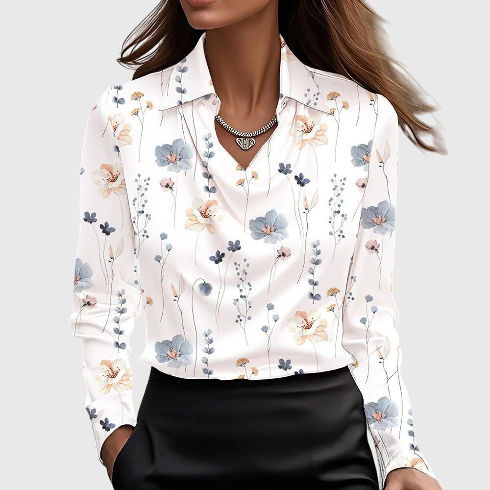 Satin Blouse with Cowl Neck Long Sleeve for Women - White Floral