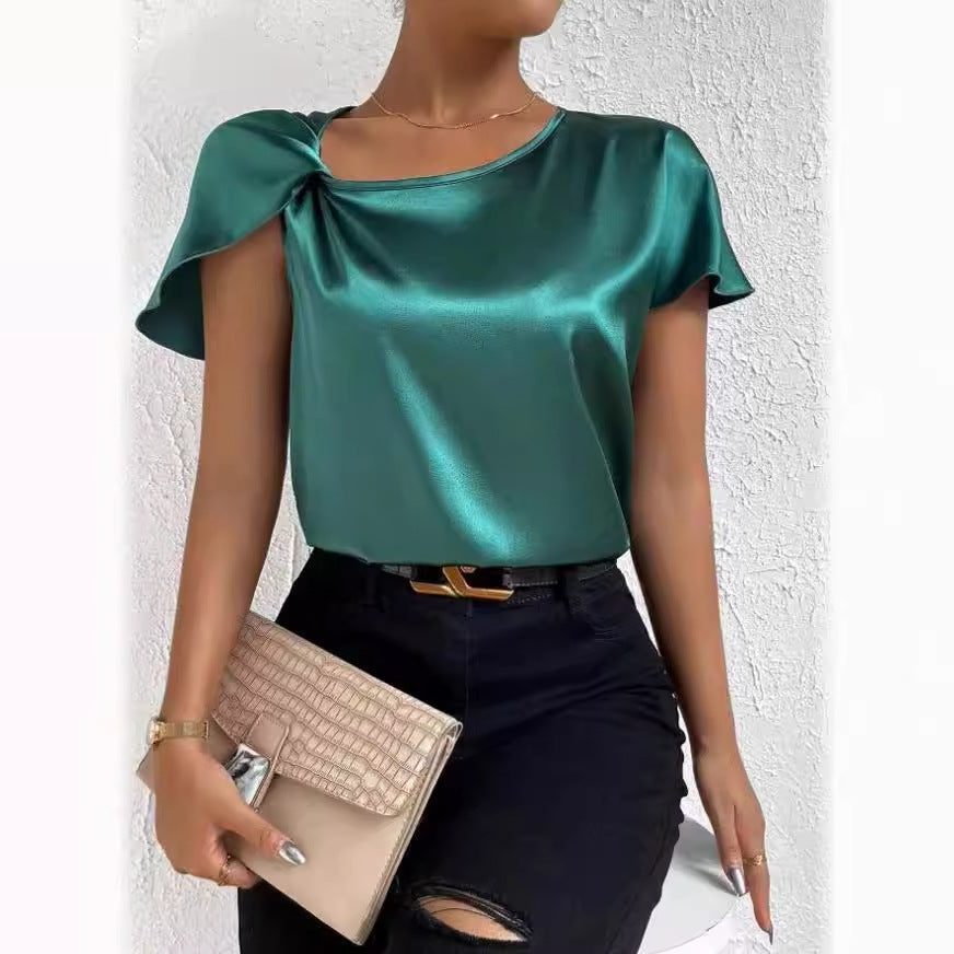 Satin Blouse with Short Sleeves and Twist Detail for Women