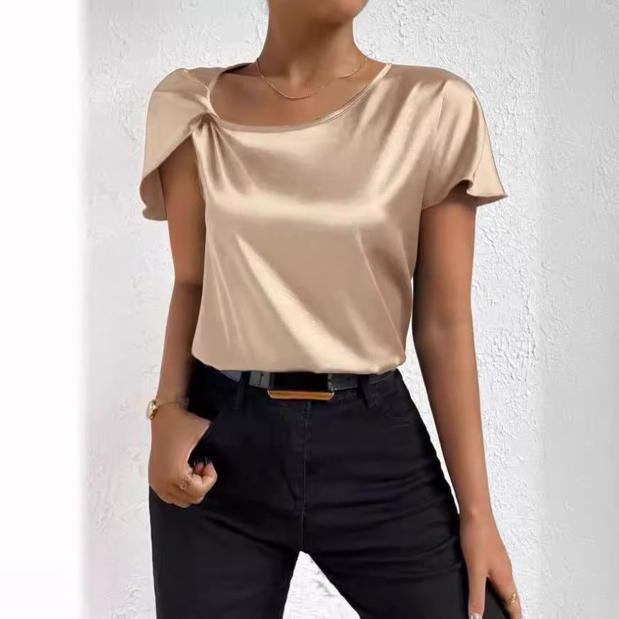 Satin Blouse with Short Sleeves and Twist Detail for Women