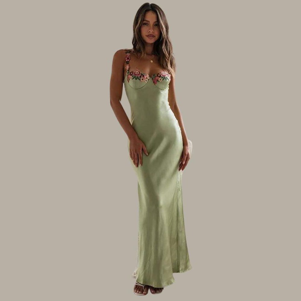 Satin Maxi Dress with Sweetheart Neckline and Embellishment for Women