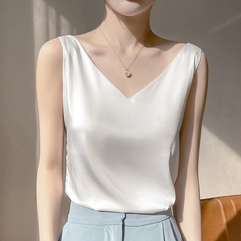 Satin Sleeveless Top with V-Neck for Women