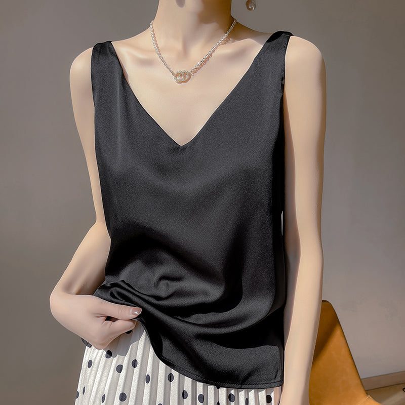 Satin Sleeveless Top with V-Neck for Women