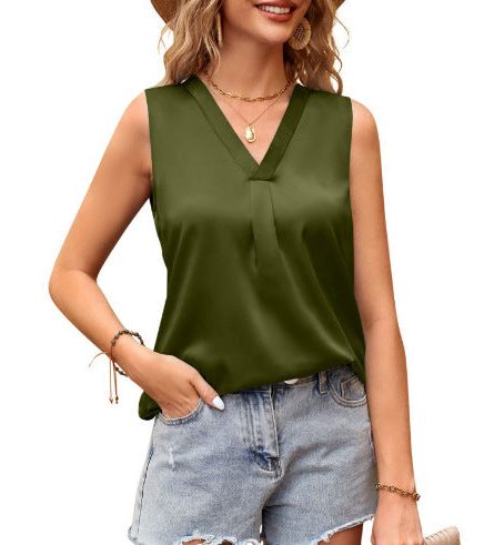 Satin Sleeveless Vest Top with V-Neck for Women