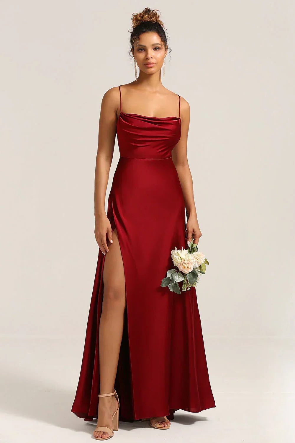 Satin Slip Maxi Dress with Braided Back for Women - Red