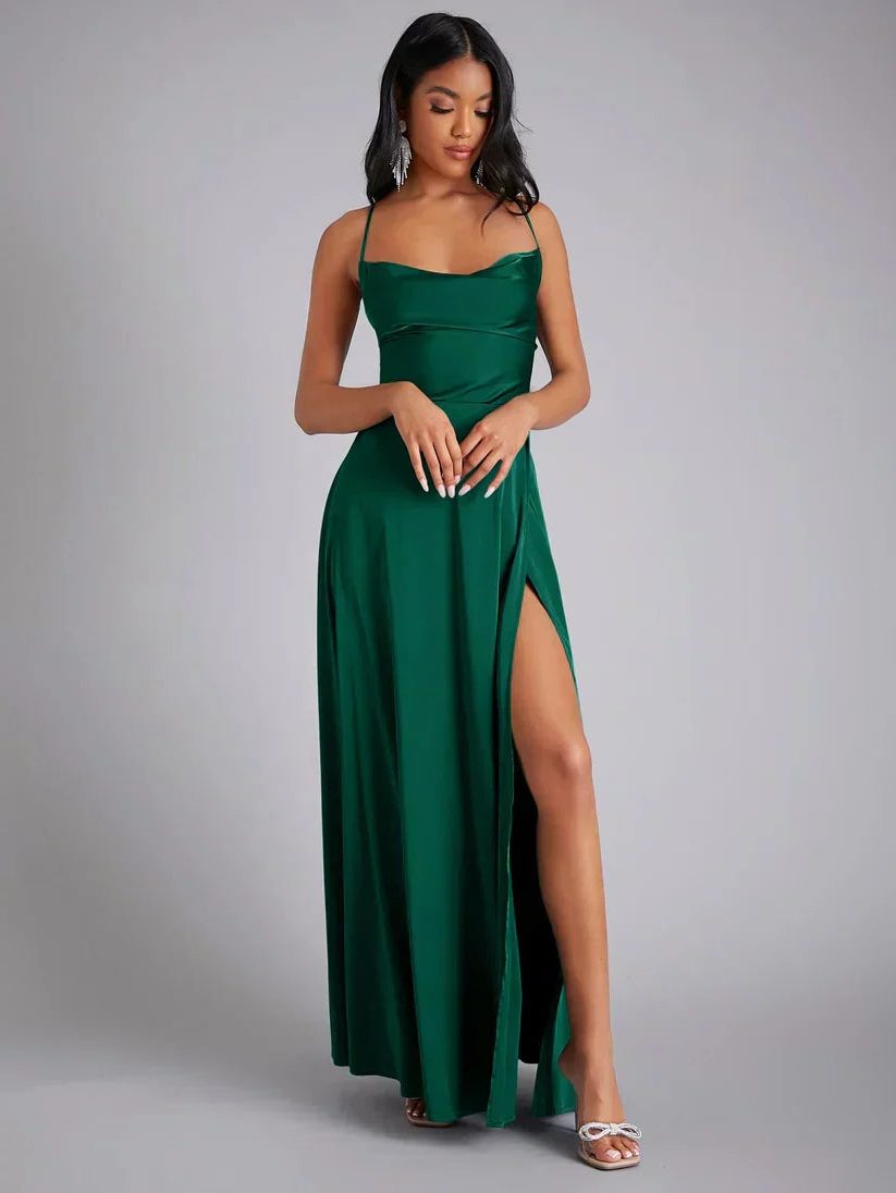 Satin Slip Maxi Dress with Braided Back for Women - Green
