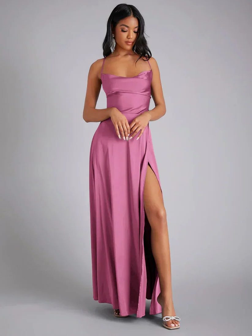 Satin Slip Maxi Dress with Braided Back for Women - Pink