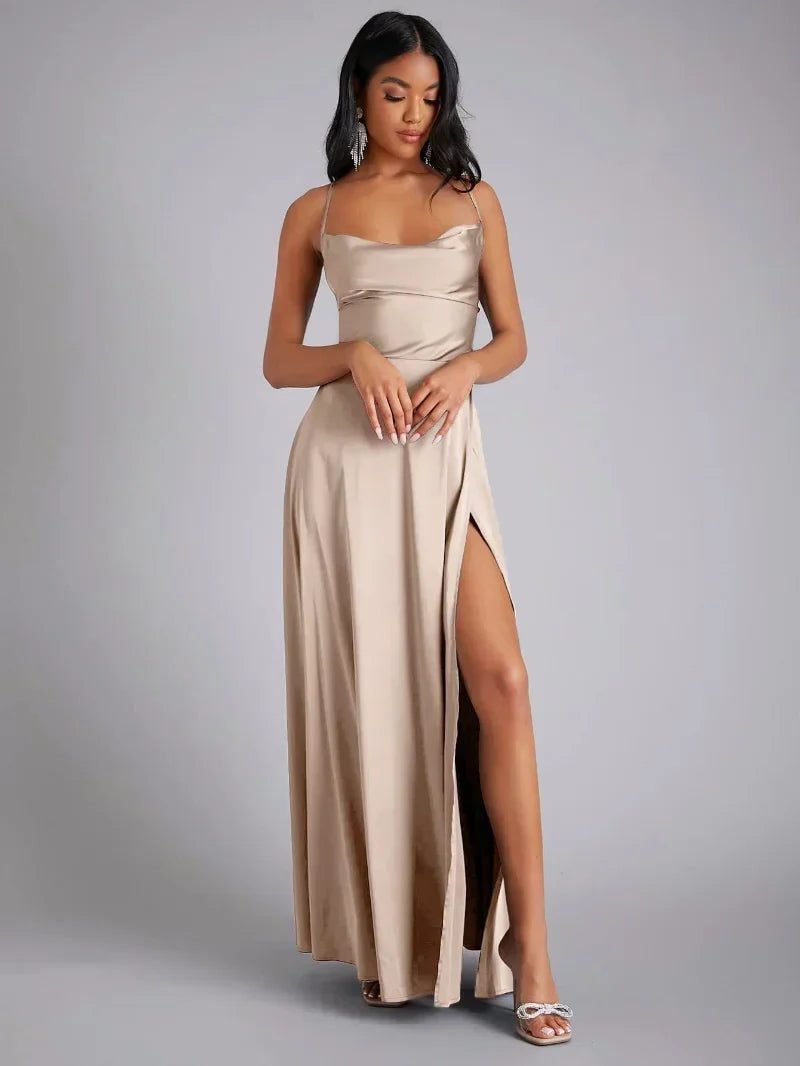 Satin Slip Maxi Dress with Braided Back for Women - Light Brown