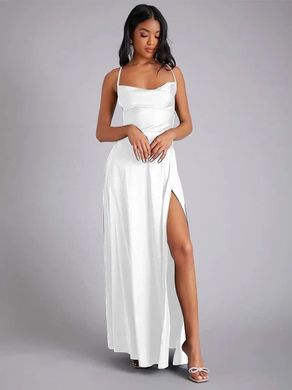 Satin Slip Maxi Dress with Braided Back for Women - White
