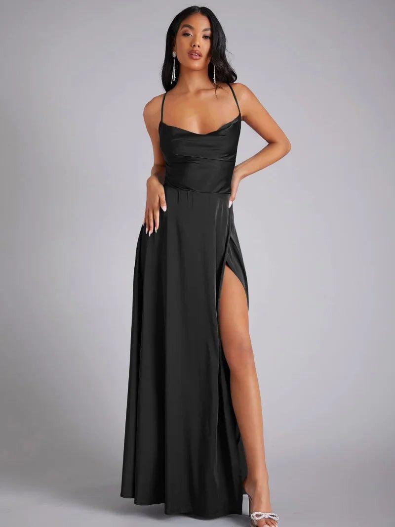 Satin Slip Maxi Dress with Braided Back for Women - Black