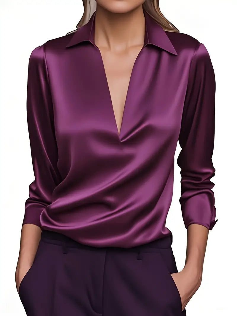 Satin V-Neck Blouse with Long Sleeves for Women - Dark Purple