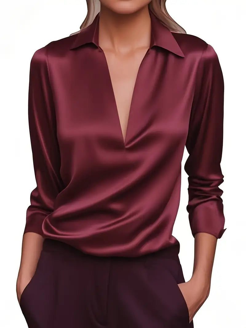 Satin V-Neck Blouse with Long Sleeves for Women - Burgundy
