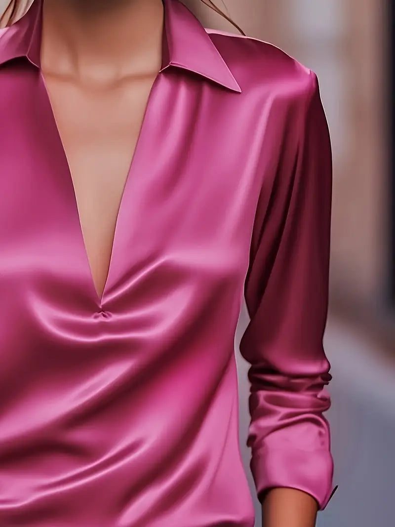 Satin V-Neck Blouse with Long Sleeves for Women - View 17