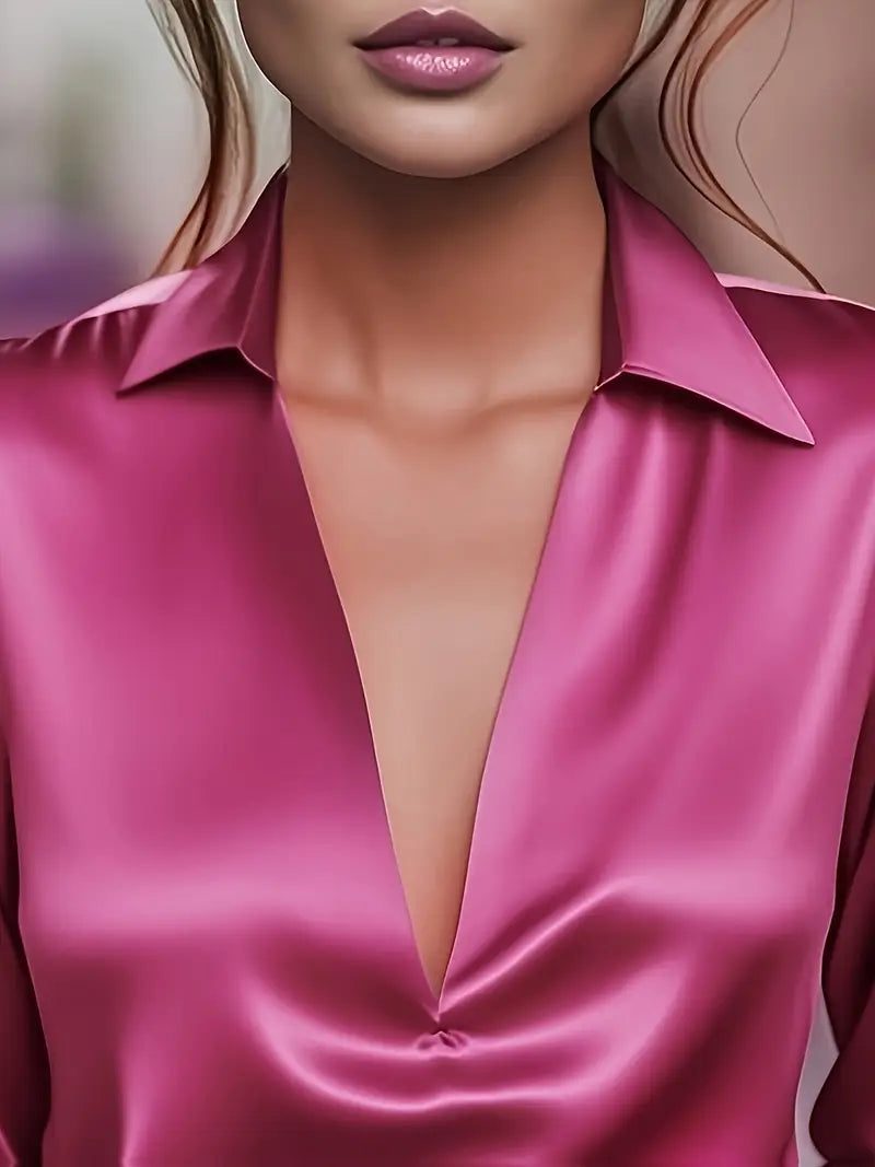 Satin V-Neck Blouse with Long Sleeves for Women - View 18