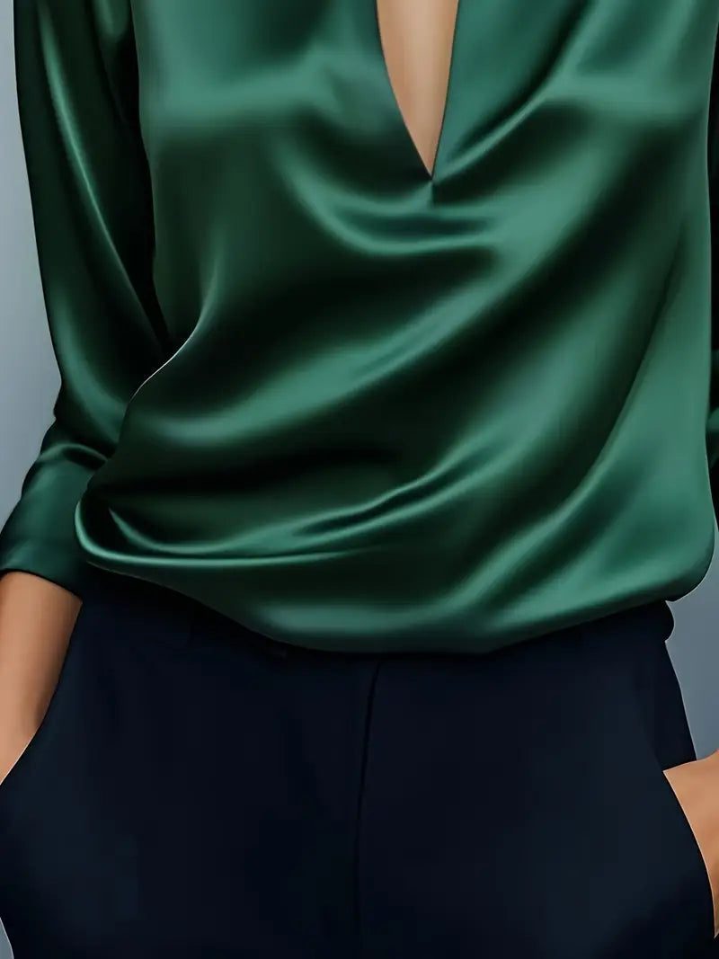 Satin V-Neck Blouse with Long Sleeves for Women - View 19