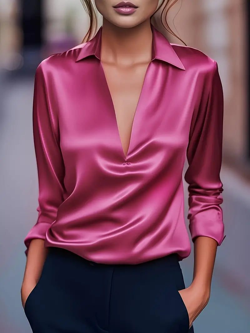 Satin V-Neck Blouse with Long Sleeves for Women - Pink