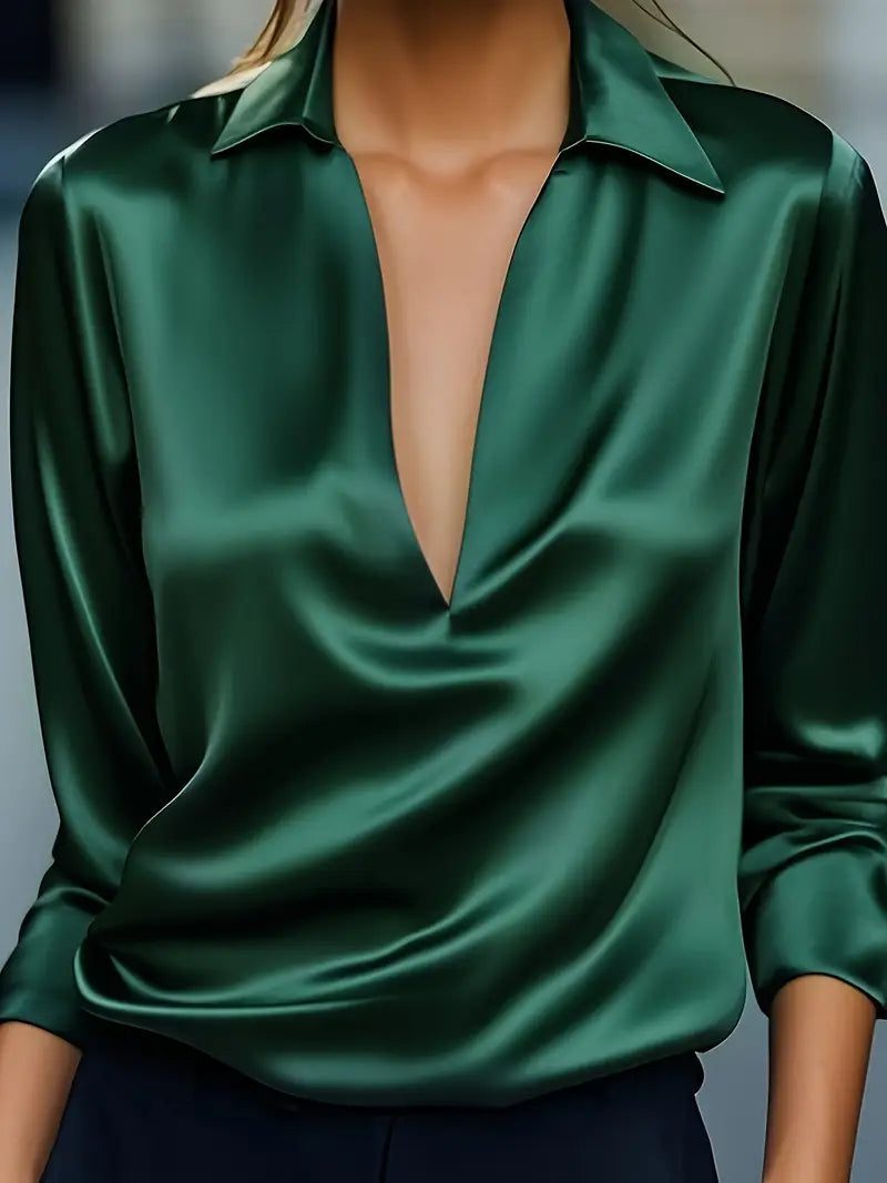 Satin V-Neck Blouse with Long Sleeves for Women - View 20