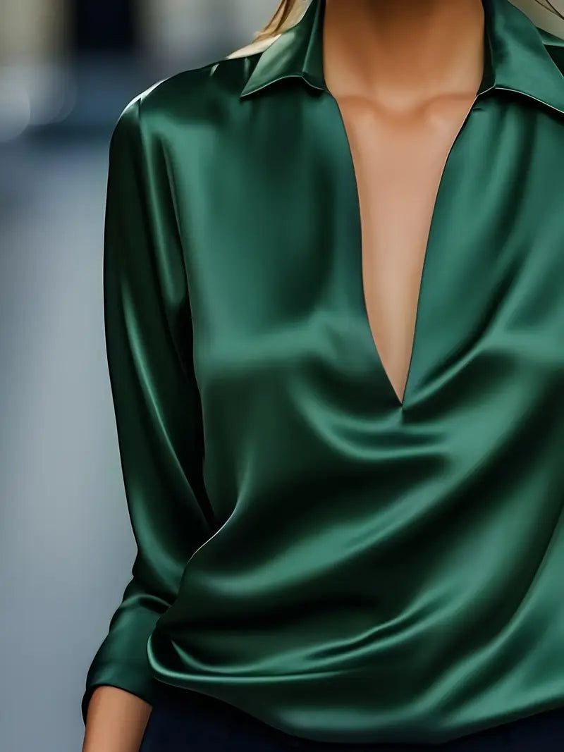 Satin V-Neck Blouse with Long Sleeves for Women - View 21
