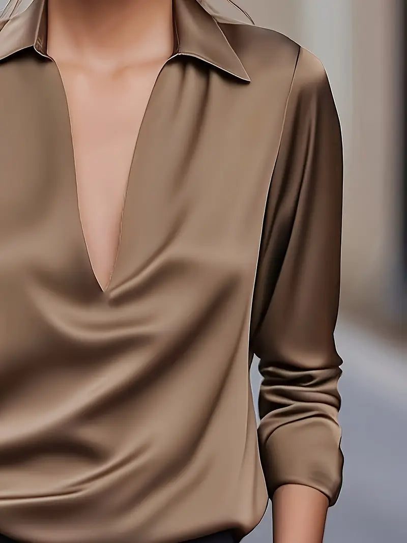 Satin V-Neck Blouse with Long Sleeves for Women - View 26