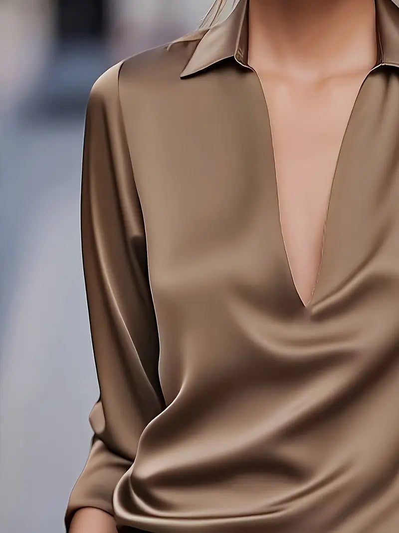 Satin V-Neck Blouse with Long Sleeves for Women - View 27