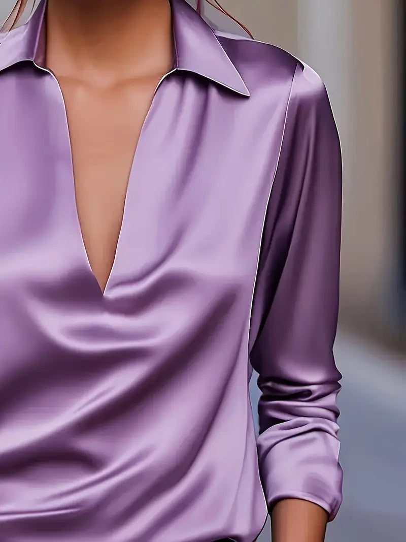Satin V-Neck Blouse with Long Sleeves for Women - View 29