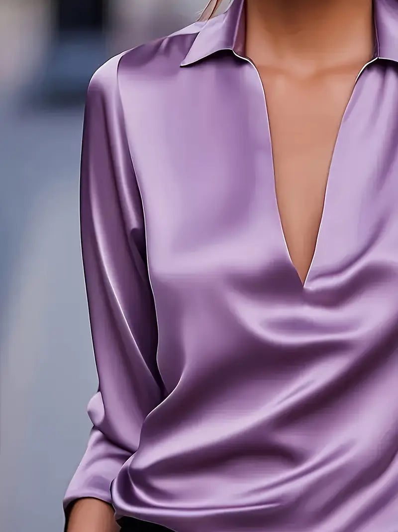 Satin V-Neck Blouse with Long Sleeves for Women - View 30
