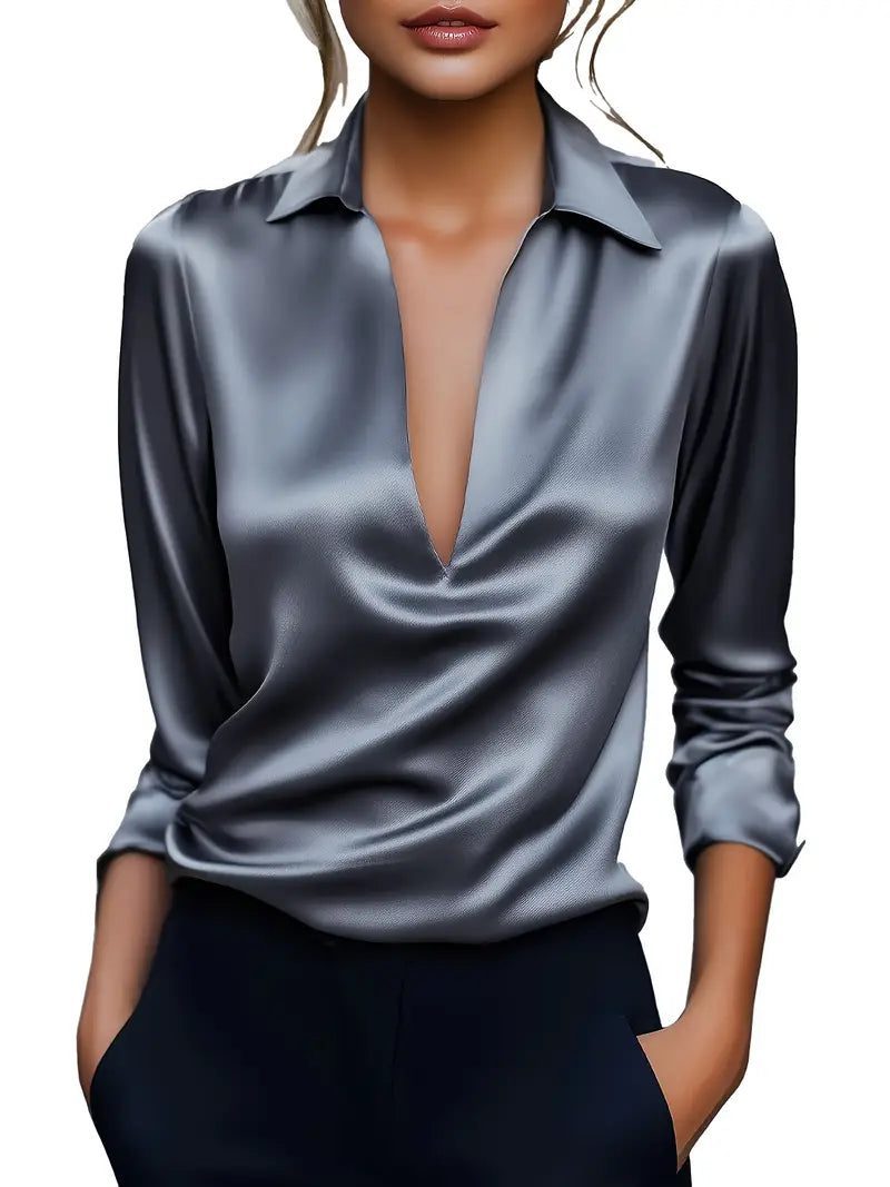 Satin V-Neck Blouse with Long Sleeves for Women - View 35