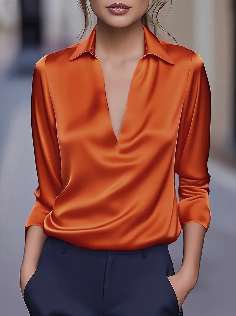 Satin V-Neck Blouse with Long Sleeves for Women - Orange