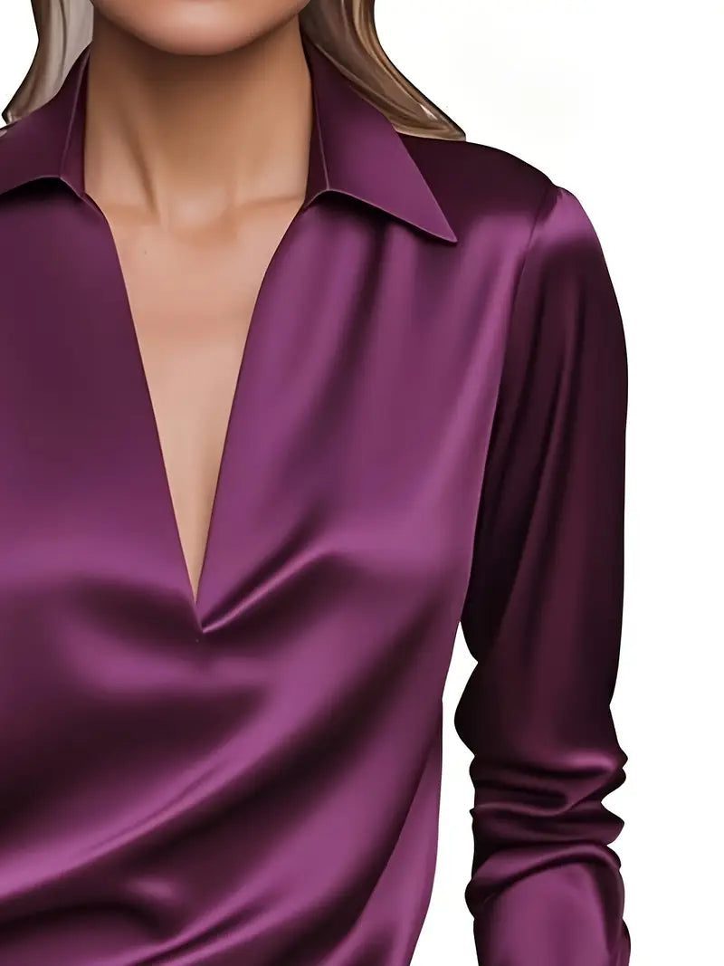 Satin V-Neck Blouse with Long Sleeves for Women - View 44