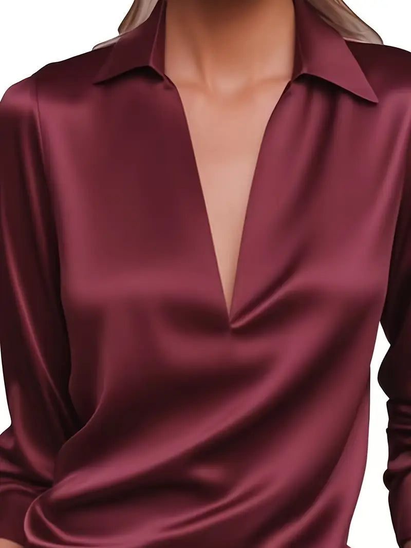 Satin V-Neck Blouse with Long Sleeves for Women - View 47