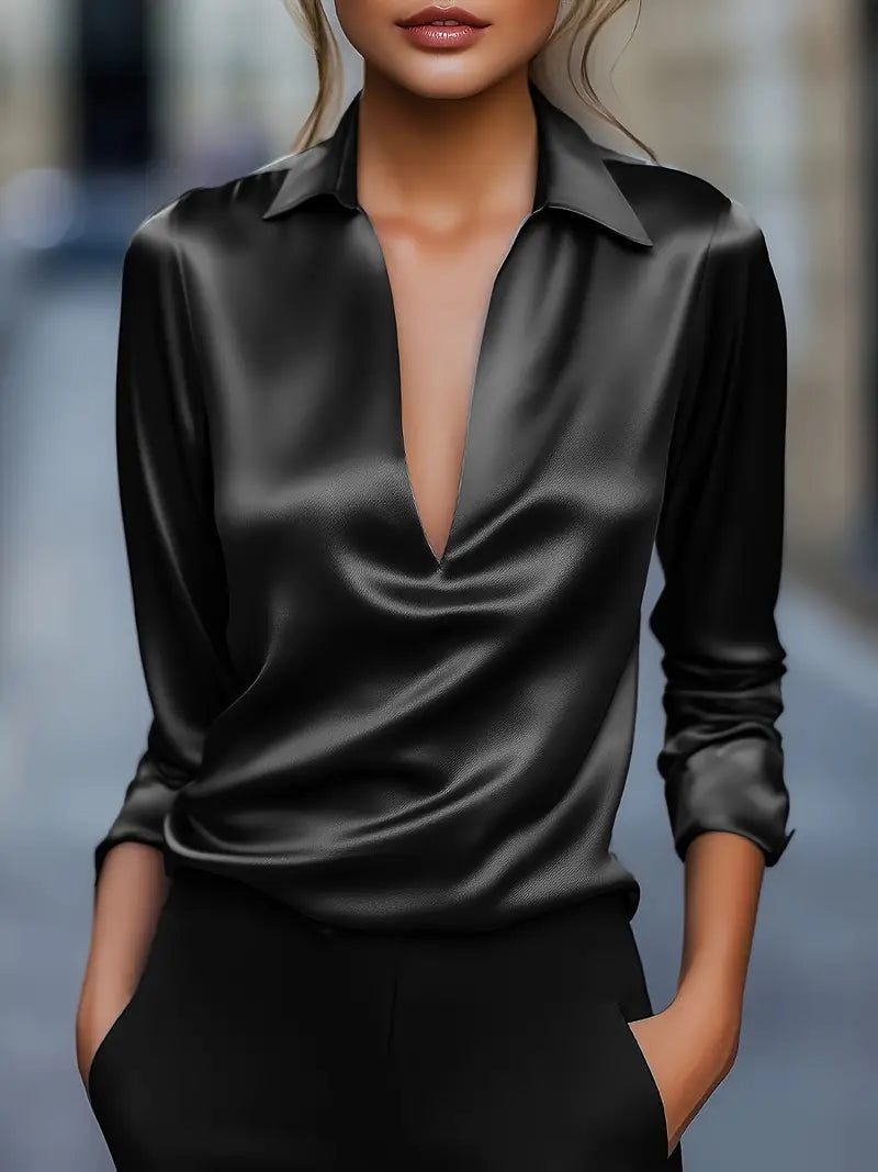 Satin V-Neck Blouse with Long Sleeves for Women - Black