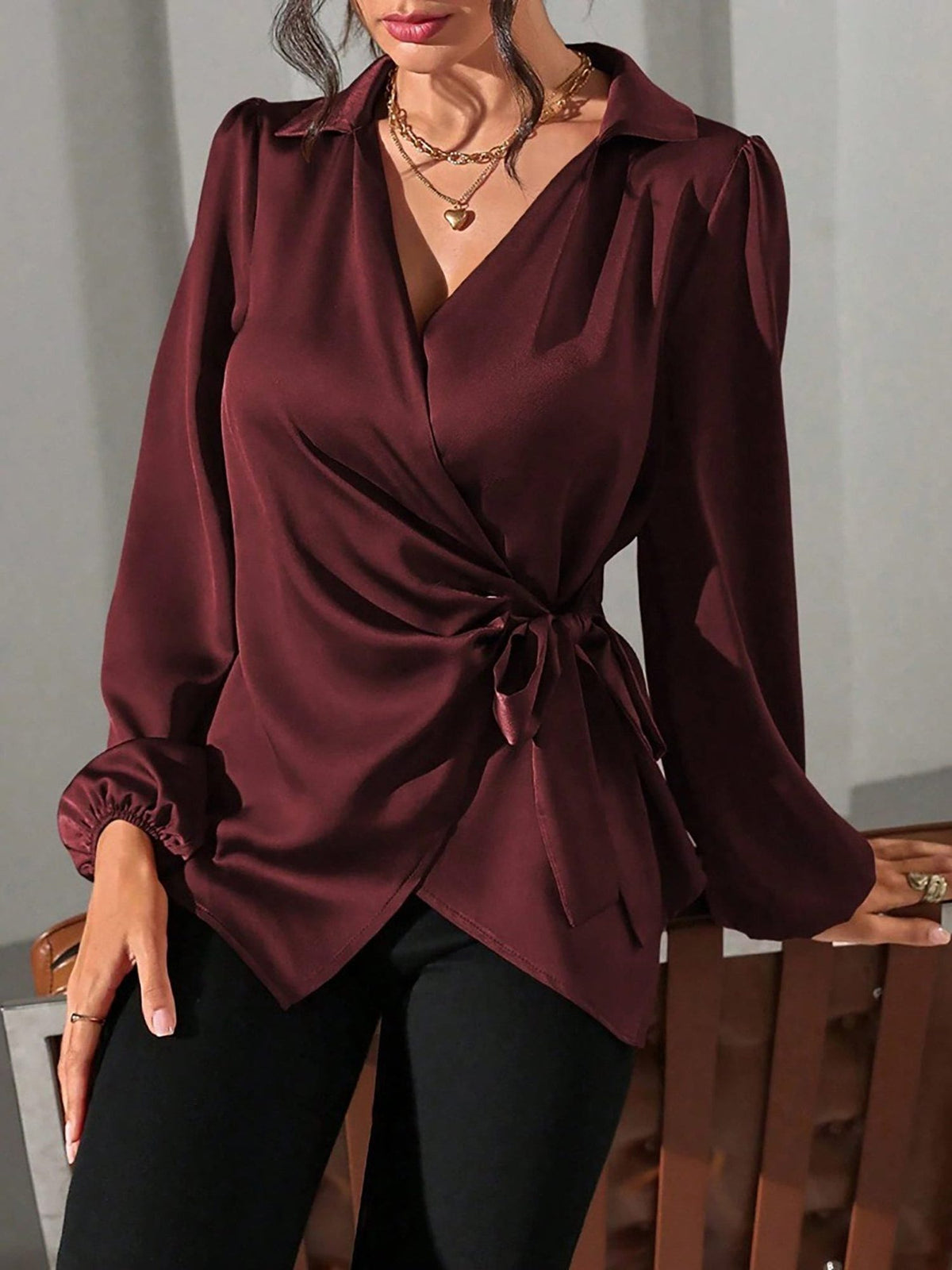 Satin Wrap Blouse with Puffed Long Sleeves for Women - Bordeaux