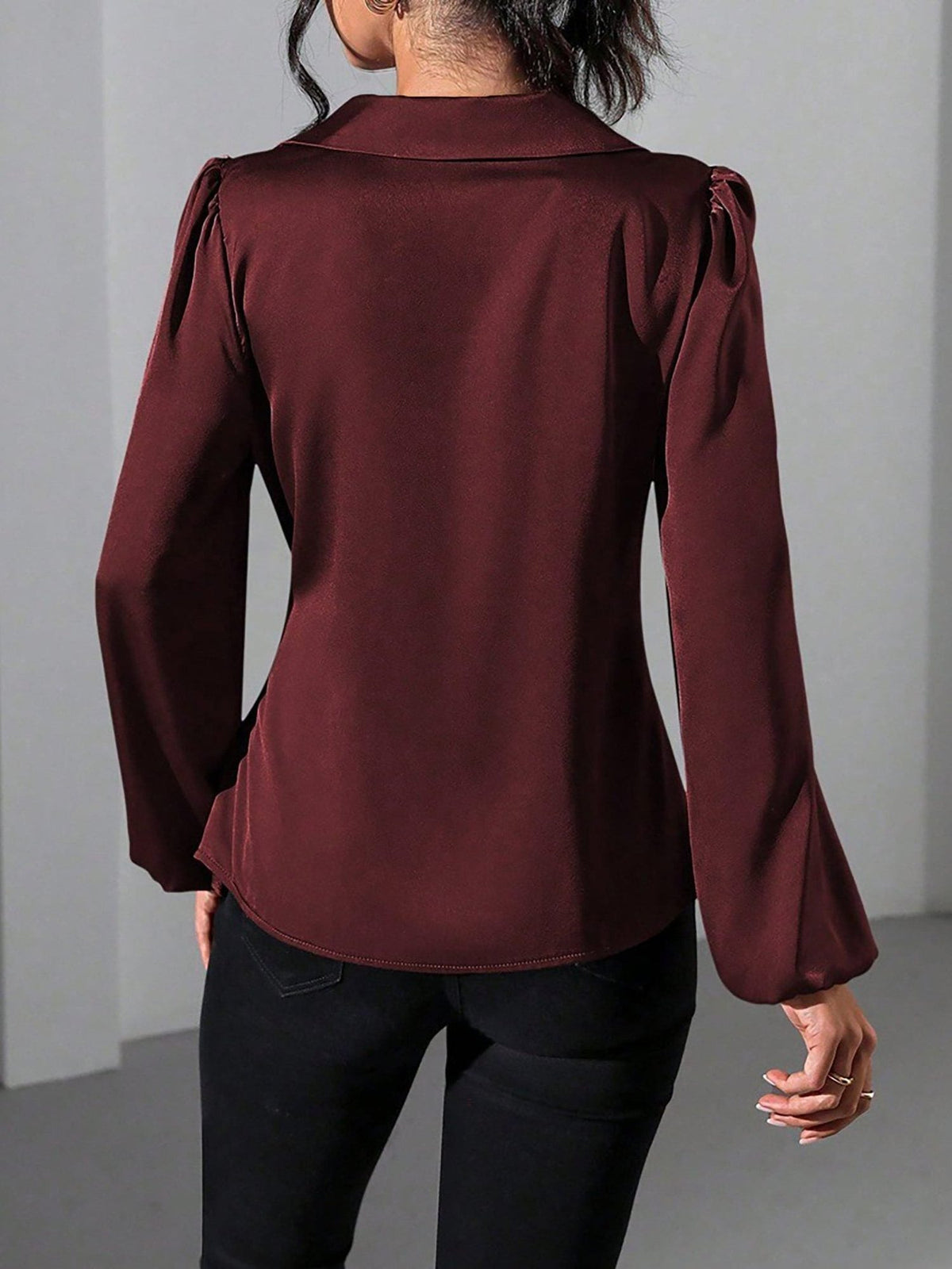 Satin Wrap Blouse with Puffed Long Sleeves for Women - View 2
