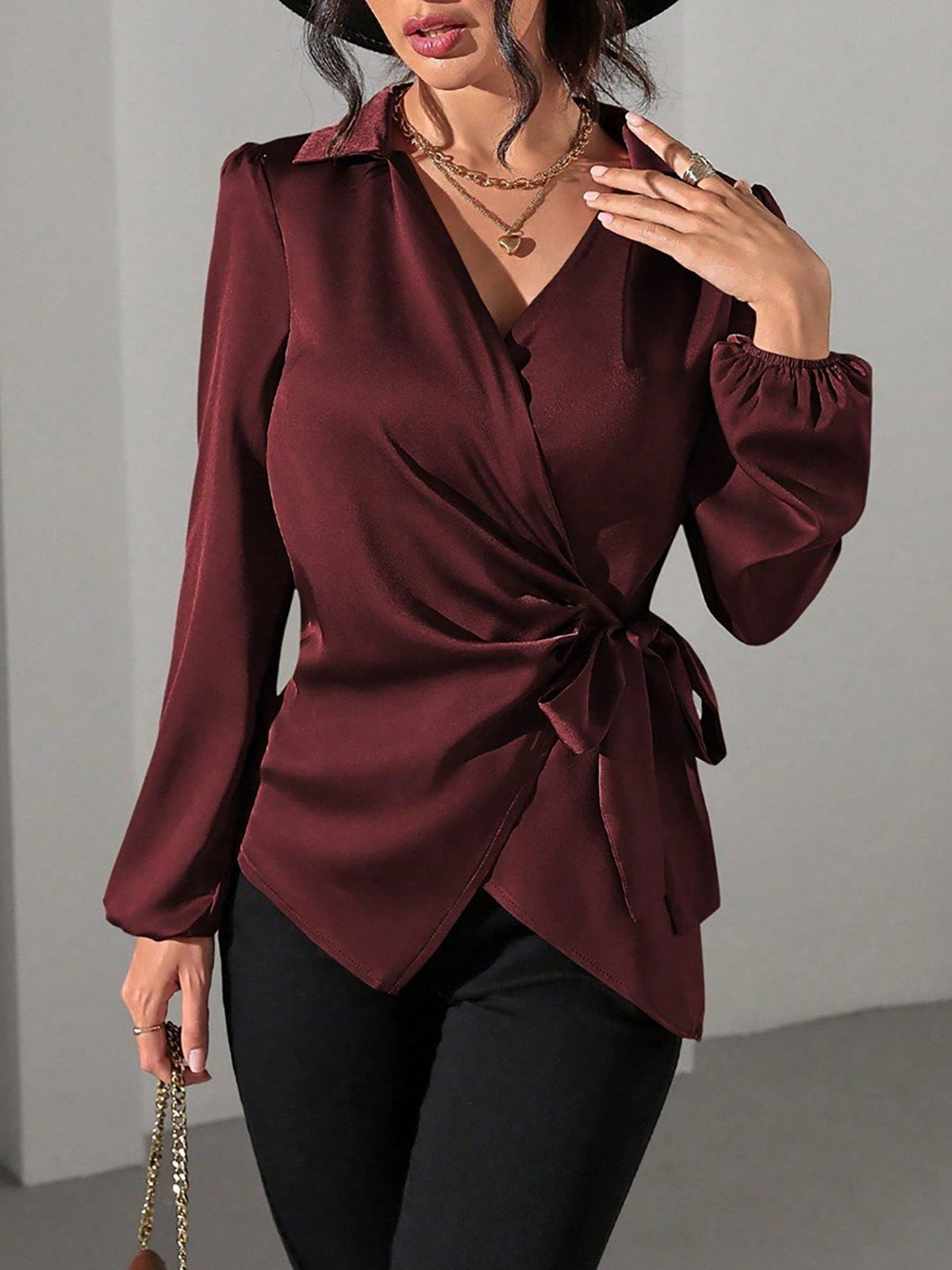 Satin Wrap Blouse with Puffed Long Sleeves for Women - View 3