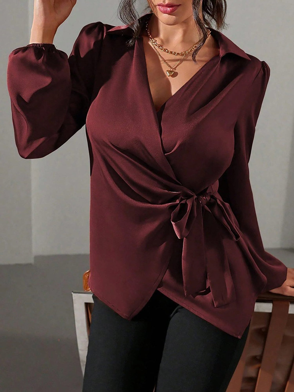 Satin Wrap Blouse with Puffed Long Sleeves for Women - View 5