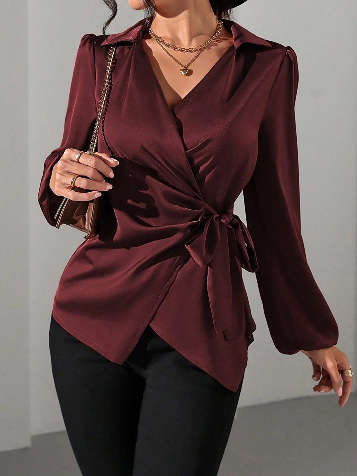 Satin Wrap Blouse with Puffed Long Sleeves for Women