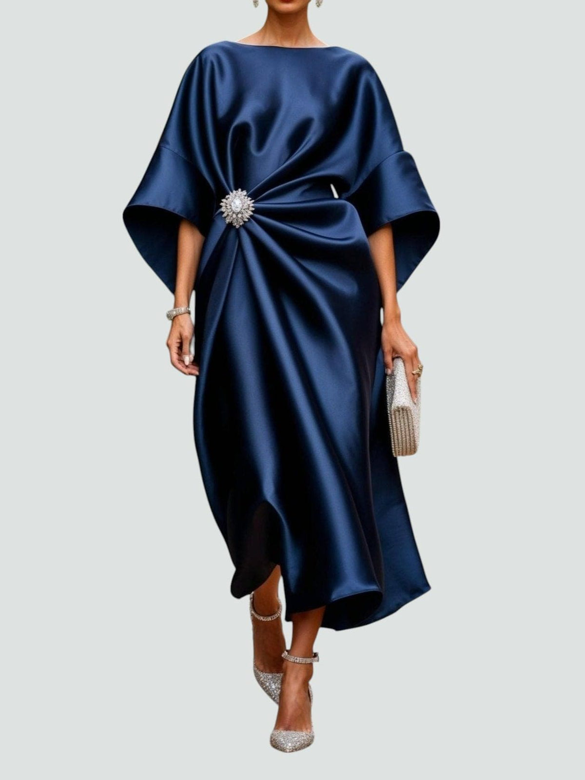 Satin Wrap Midi Dress with Batwing Sleeves for Women