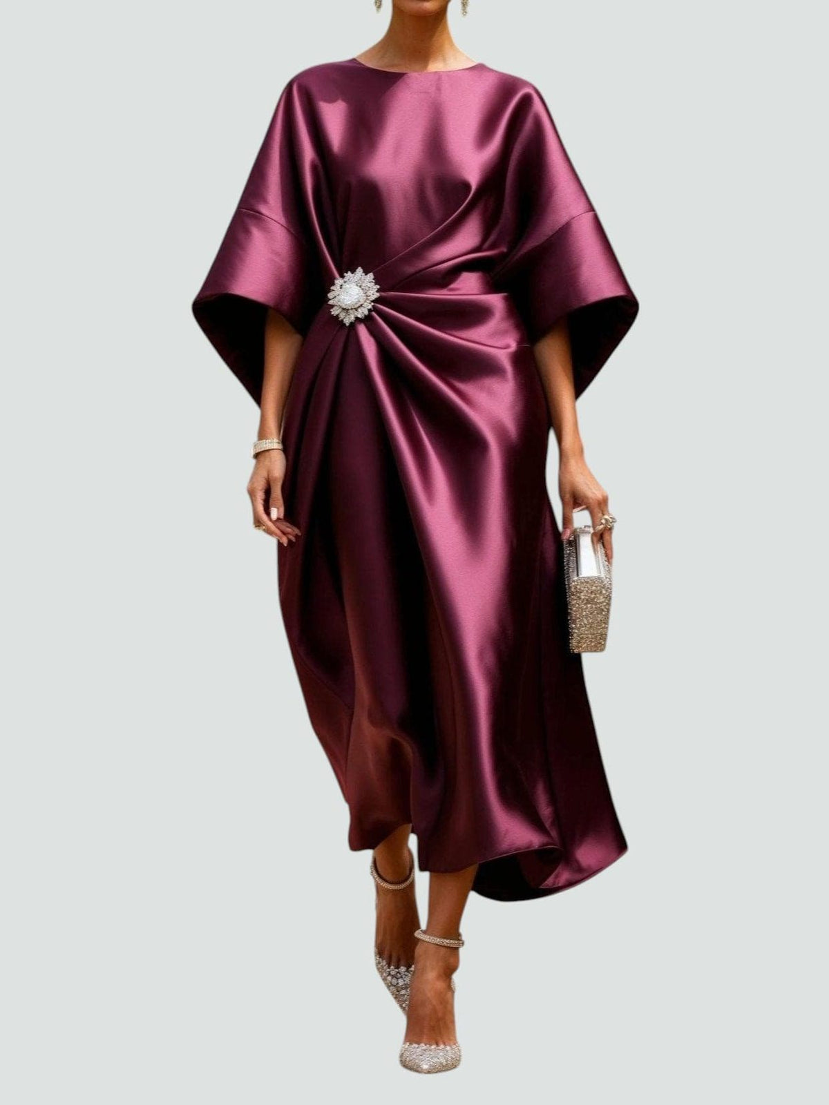 Satin Wrap Midi Dress with Batwing Sleeves for Women - Red