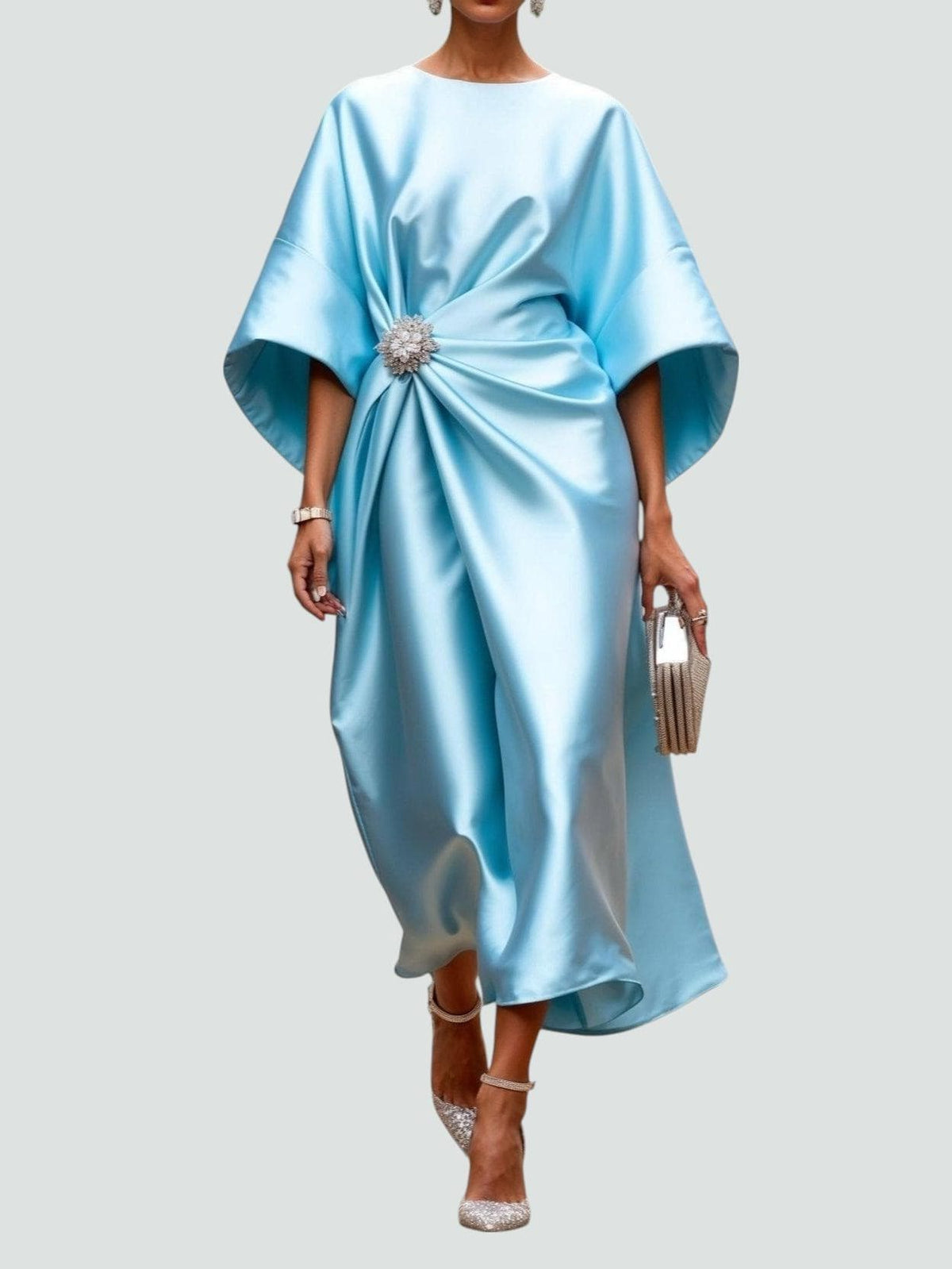 Satin Wrap Midi Dress with Batwing Sleeves for Women - Light Blue